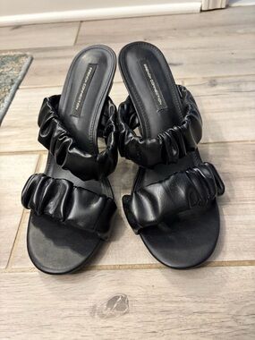 French Connection Black Ruched Double-Strap Slide Mules